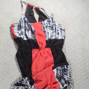 Maurices Size S Color Block Print Maxi Slit Dress, Orange, Black, Stretchy Waist